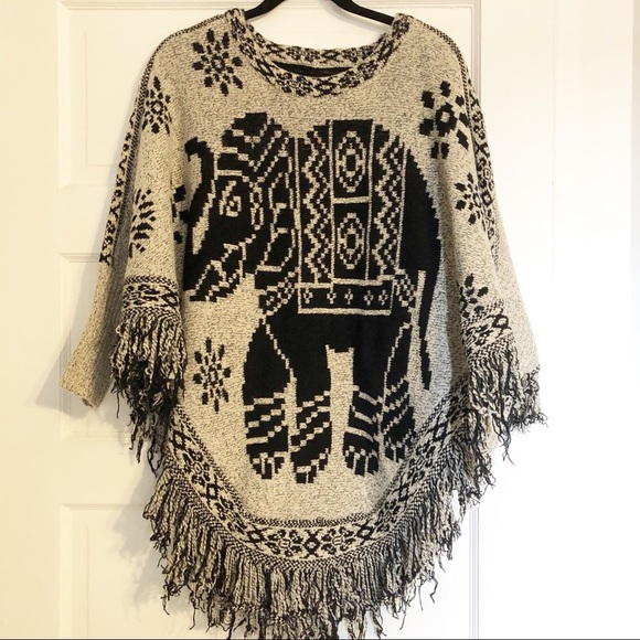 Sweaters - Elephant Tribal Poncho Sweater with Sleeves OS